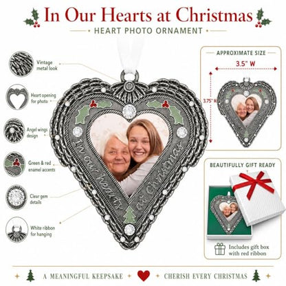 Memorial Christmas Ornament with Photo – in Our Hearts at Christmas Sympathy Ornament with Angel Wings, Holly & Berry Accents – Personalized Remembrance Gift for Loss of Loved One – 3.5" Heart