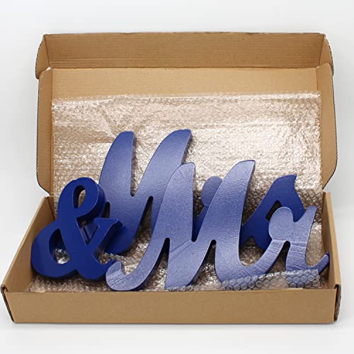 Mr & Mrs Signs Table Decor: Rustic Wooden Freestanding Letters - Wedding & Anniversary Props (Navy Blue) - color: Navy blue
