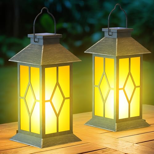 2 Pack 13" Solar Lanterns Outdoor Waterproof Rhombus Pattern | 2 pack 13-inch waterproof metal glass lanterns with flickering flame for patio, garden, porch, pathway and gifts for mom - style: Bronze-Rhombus