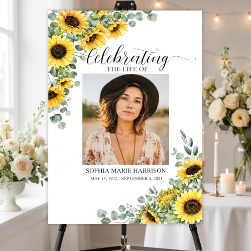 Custom Sunflower Celebration of Life Welcome Sign w Photo Memorial Funeral | Personalized Minimalist In Loving Memory yard sign. Weather-resistant corrugated plastic decor. Add custom photo, name, dates - color: Sign13