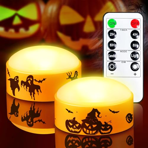 2 Pack Flameless Halloween LED Pumpkin Lights with Remote and Timer | Battery operated flickering orange Jack-o'-Lantern lights. Electric Halloween candles for outdoor pumpkin, yard decorations - color: Orange Pumpkin Lights