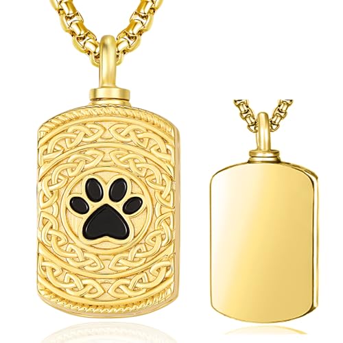 Pet Cremation Urn Necklace for Dog Cat Ashes 925 Sterling Silver Paw Print Keepsake Pendant Celtic Knot Memorial Jewelry for Women Men - style: 00F-Dog Tag Urn-(Gold Plated Personalized)