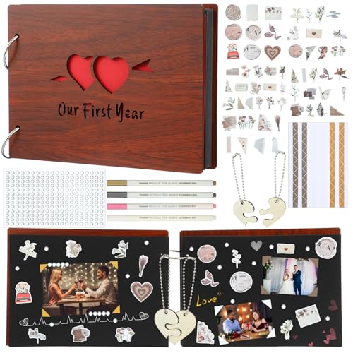 Kosiz Our First Year Anniversary Scrapbook Wooden Photo Album 8.7x6.3 DIY | Black Pages with Stickers and Pens, Wooden Cover, Couples Memory Book, Wedding Gift, Anniversary Journaling Album Kit