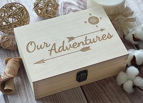 Our Adventures Wooden Keepsake Box - 8.5x6x3 Inch Natural Color Memory Box, Perfect 5th, Unique Travel-Themed Gift Idea, Durable Handcrafted Wood, Ideal for Couples, Christmas Box - color: Natural Our Adventure
