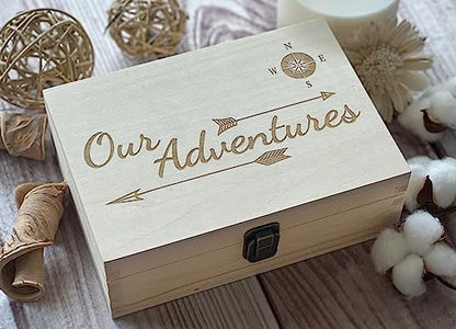 Our Adventures Wooden Keepsake Box - 8.5x6x3 Inch Natural Color Memory Box, Perfect 5th, Unique Travel-Themed Gift Idea, Durable Handcrafted Wood, Ideal for Couples, Christmas Box - color: Natural Our Adventure
