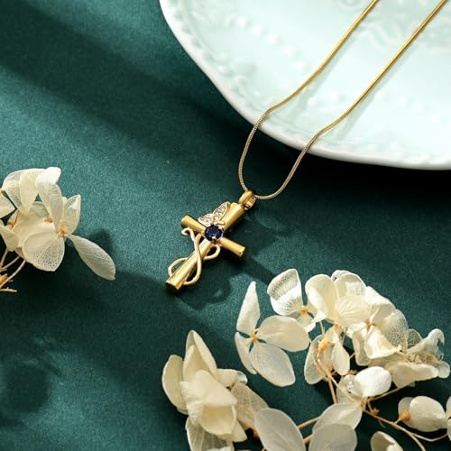Butterfly Cross Cremation Jewelry Urn Necklaces Cross Butterfly Urn Necklaces for Ashes Memorial Keepsake Pendant for Women Men Gifts With Funnel Kit & Bag - color: Gold+Blue