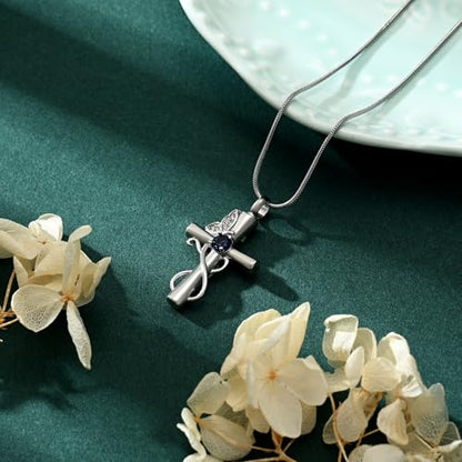 Butterfly Cross Cremation Jewelry Urn Necklaces Cross Butterfly Urn Necklaces for Ashes Memorial Keepsake Pendant for Women Men Gifts With Funnel Kit & Bag - color: Silver+Blue