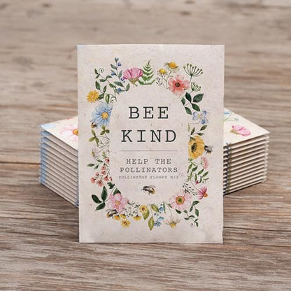 Bentley Seed Co. | Bee Kind Pollinator Flowers | Beautiful Bee Art Kraft Look Seed Packets | Environmental Favors Cards for Guests | Wildflower Mix Seed Packets | Eco-Friendly Hand Out Gift | 25 Pack - style: Bee Kind Floral