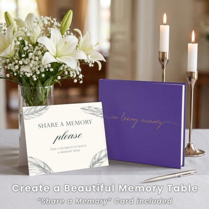 Funeral Guest Book for Memorial Service, in Loving Memory 9x7.5 | 320 Entries, Table Sign Card Included, Gold Stamping, Twill-Textured Paper Cover, Celebration of Life Keepsake, Purple - color: Purple