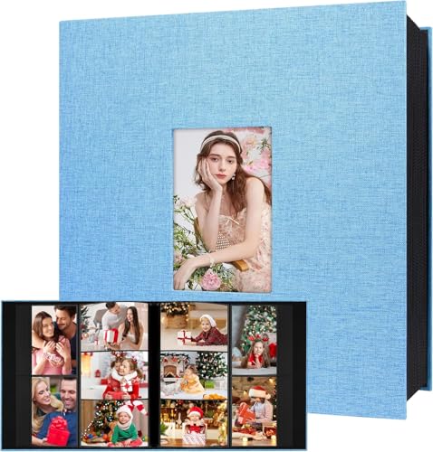 Aevdor Large Capacity 4x6 Photo Album, 1000 Photos, Linen Cover, Blue | Black Inner Pages, 3 Horizontal and 2 Vertical Pockets per Side, Front Photo Window, Family, Wedding & Travel Memories - color: Linen Blue