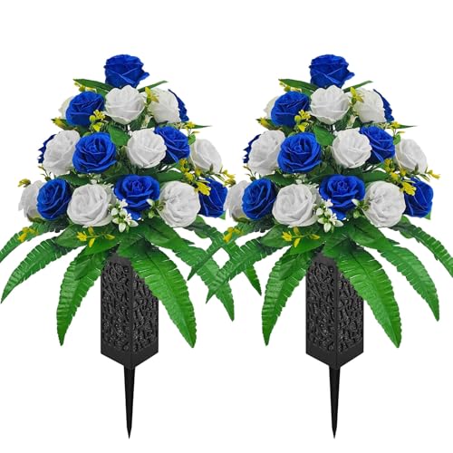 2-Pack 18-Stem Artificial Rose Cemetery Flowers for Grave with Spiked Vase | Fade-resistant roses, non-bleed material, detachable ground spikes, grave & gravesite decor, outdoor memorial display - color: Blue & White