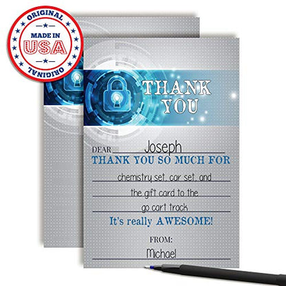 Kids Thank You Cards Escape Room Birthday Party Thank You Notes, Ten 4" x 5.5" Fill-In The Blank Cards with 10 White Envelopes by AmandaCreation - style: Kids Thank You Cards Escape Room