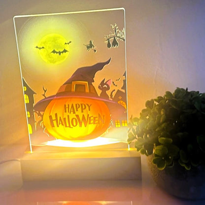 MIRROR MANIA Happy Halloween Pumpkin Wood Base LED Night Light - Custom Gift for Mom, Dad, Brother, Friend, Sister, Nursery, Kid's Room Decor, Holiday Party, Halloween Home Decor, Made in America