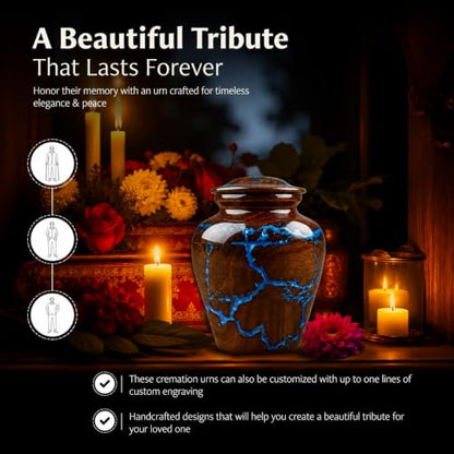 Small Cremation Urn for Human Ashes Adult - Keepsake Memorial & Funeral Urn for Mom, Dad | Premium Mini Rosewood Urn - Blue Resin Inlay | Sharing Urn for Men & Women, Pet Urn for Dog & cat - 20 CU/in - size: SMALL 20 Cu