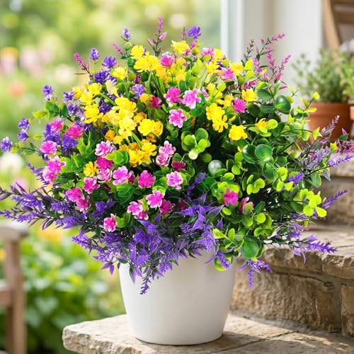 Hananona 12 Pcs Artificial Flowers Outdoor, Faux Artificial Plants UV Resistant Plastic Flower Bulk for Hanging Planter Porch Window Home Wedding Fall Summer Decor (12, Fuchsia, Purple, Yellow, Green) - color: Fuchsia, Purple, Yellow, Green