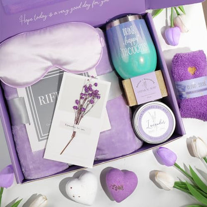 Gifts for Women, Unique Birthday Gifts for Women, Lavender Relaxing Spa Gifts Basket Get Well Soon Care Package with Luxury Flannel Blanket for Mom Her Best Friends Sister - color: Purple (Lavender Shade)
