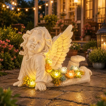 Garden Angels Outdoor Statue, Solar Cherub Baby Angel with Succulent | 7'' Resin Angel Statue with Warm Glow, Memorial Angel Figurines Gardening Gifts for Mother Grandma Yard Patio Lawn Decoration - style: Playful Cherub