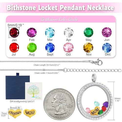 Floating Locket Necklace for Mom Grandma Birthstone Necklace for Women - color: Silver