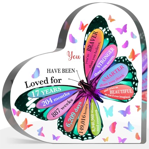 17th Birthday Acrylic Sign, 4" x 4" Butterfly Birthday Sign, Heart-Shaped, Multi-Color, Tabletop Decor - style: 17th Birthday