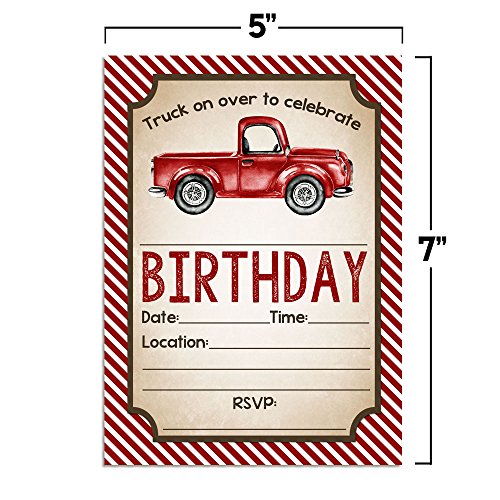 Watercolor Red Pick Up Truck Birthday Party Invitations for Boys, 20 5x7 Fill In Cards with Twenty White Envelopes by AmandaCreation - style: Watercolor Red Pick Up Truck