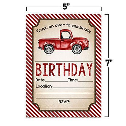 Watercolor Red Pick Up Truck Birthday Party Invitations for Boys, 20 5x7 Fill In Cards with Twenty White Envelopes by AmandaCreation - style: Watercolor Red Pick Up Truck