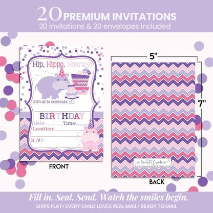 Amanda Creation Hippo Birthday Invitations for Girls, 20 Pack 5x7 Fill-In Party Cards with White Envelopes, Hip Hippo Hooray Cute Animal Design, Made in USA - color: Hip Hippo Hooray Hippopotamus