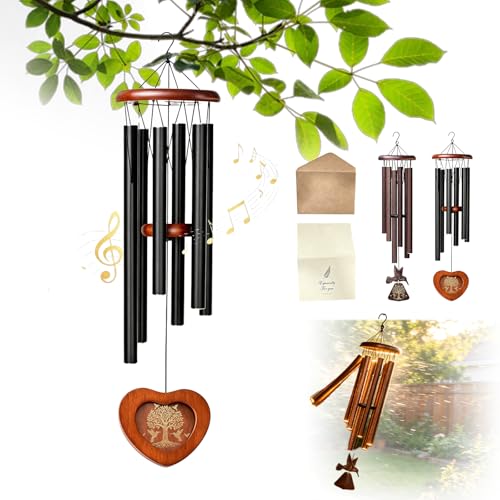 Memorial Wind Chimes for Loss of Loved One, Weather Resistant Aluminum Deep Tone Outdoor Chime for Grieving Mother Father Husband, Remembrance Sympathy Gift Healing Grief Tribute - color: 32ln-black-heart-shaped Photo Frame