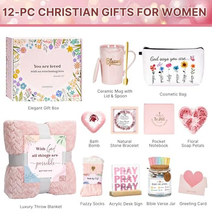 Christian Gifts for Women Faith, Religious Inspirational Catholic Encouragement Gift Sets, Unique Spiritual Christmas Birthday Gift Basket for Her Mom Grandma Sister Aunt Teacher Friend Wife w/Blanket - color: Pink