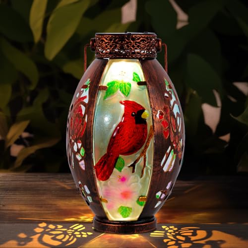 Starsoul Cardinal Outdoor Solar Lantern - Metal & Stained Glass Cardinal Solar Light, Waterproof Tabletop Lamp with Hollowed-Out Design for Yard, Patio, Garden, Pathway - color: Cardinal