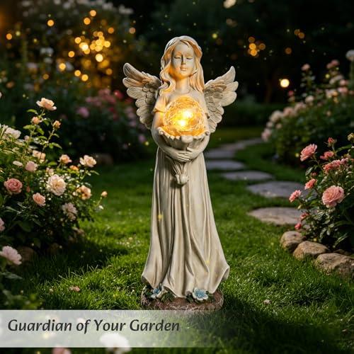 MUMTOP Angel Statues for Garden, White Solar Angels Statue for Cemetery | Lighted Yard Angel Statues Outside with Crackle Glass Ball LED Light,Resin Memorial Figurines Gifts for Women,lawn decoration