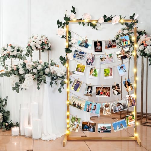 Colingmill 47 Inch Wedding Photo Display Frame Board with String Lights and 30 Clips Standing Picture Collage Board Photo Frame Display Holder for Wedding Bridal Shower Anniversary Party Decor
