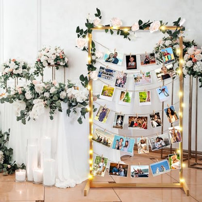 Colingmill 47 Inch Wedding Photo Display Frame Board with String Lights and 30 Clips Standing Picture Collage Board Photo Frame Display Holder for Wedding Bridal Shower Anniversary Party Decor