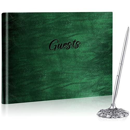 Geyee Leather Guest Book and Pen Stand Set, 10.5" x 8" Embossed Guests Sign in Book Registry Book for Funeral, Wedding Reception, Vacation Homes and Events, 80 Sheets (Green) - color: Green