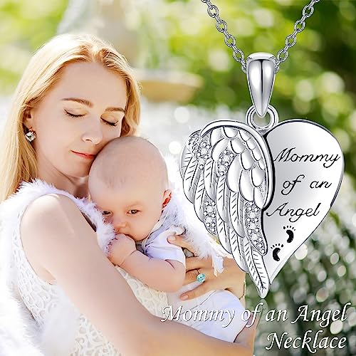 YFN Guardian Angel Wings Heart Necklace Sterling Silver Angel Wings Memorial Sympathy Jewelry for Women Girls Gifts - style: Mommy of an Angel