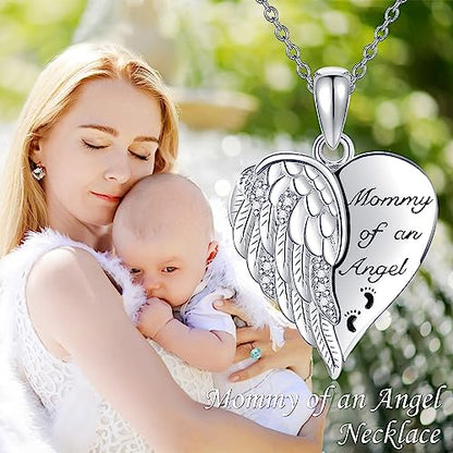 YFN Guardian Angel Wings Heart Necklace Sterling Silver Angel Wings Memorial Sympathy Jewelry for Women Girls Gifts - style: Mommy of an Angel