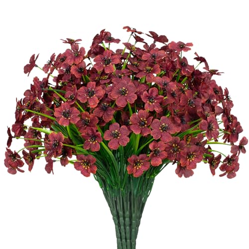 15 Bundles Artificial Flowers UV Resistant Outdoor Plants No Fade Faux Plastic Shrubs Fake Silk Flowers Window Box Garden Porch Home Decoration (Wine Red) - color: Wine Red