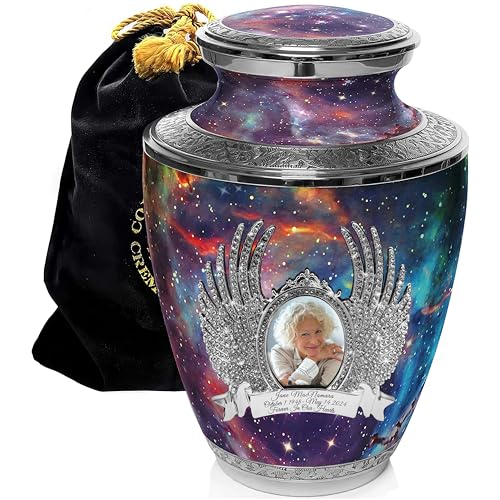 Cosmic Galaxy Cremation Urns for Human Ashes Adult Female Urns for Ashes | Extra Large Galaxy Cremation Urn for Ashes Adult Female & Male, Metal, Threaded Lid, Felt Bottom - color: Galaxy - Engraved Angel, size: Extra Large
