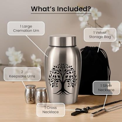 Stainless Steel Silver Urn for Ashes Male & Female, Cremation urns for Human Ashes Man & Women, Set of 5 Includes 1 Large Urn, 2 Keepsakes & 1 Silver & Black Cross Necklace - color: Stainless Steel Tree of Life Urn - Companion Set