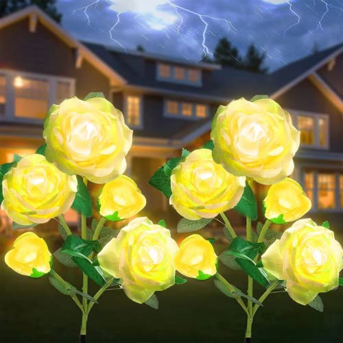 Solar Flowers Garden Lights Outdoor Waterproof [Updated] 2 Packs 10 Yellow Roses Solar Decorative Stake Lights for Patio Pathway Yard Lawn Decor - color: Yellow