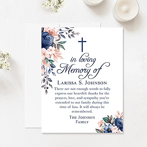 Navy Blue Floral In Loving Memory Funeral Thank You Cards with Cross - color: Navy Blue