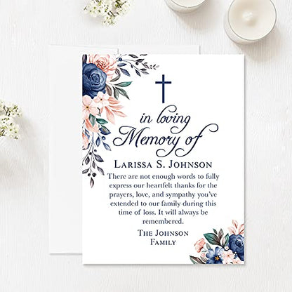 Navy Blue Floral In Loving Memory Funeral Thank You Cards with Cross - color: Navy Blue