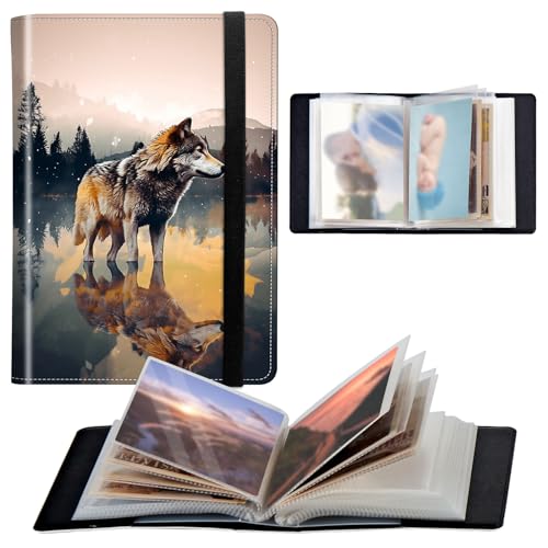 Photo Album 4x6 120 Pockets Photos with Elastic Band, Cute PU Leather Photo Books Small Mini Capacity Picture Album for Family Wedding Travel Anniversary Baby Vacation Pictures, Wolf Art - color: Wolf Art
