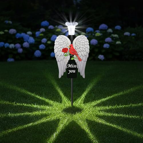 20-Inch Solar Angel Wings Memorial Stake with Red Cardinal - Metal Cemetery Decorations for Grave, Father's Day Sympathy Gift for Loss of Father Dad Mom(Angel Wings) - style: Angel Wings