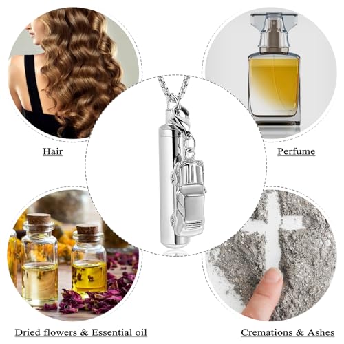 Oinsi Car Charm & Cylinder Urn Necklace for Ashes Stainless Steel Tube Cremation Urn Jewelry Necklace for Ashes Memorial Keepsake Gifts - color: Silver Tone