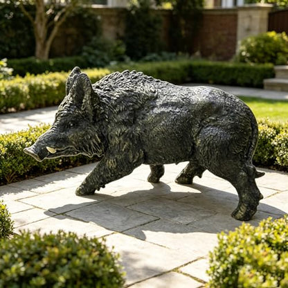 Wild Boar Statue, 21.26 in Dark Bronze-Tone Resin Garden Sculpture | Textured coat and visible tusks; low forward-moving pose for patios, lawns, woodland displays, hunters, and wildlife fans - color: Wild Boar