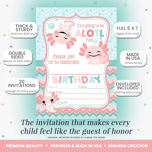 Amanda Creation Axolotl Birthday Invitations for Girls, 20 Pack 5x7 Fill-In Axolotl Party Invitations with White Envelopes, Cute Animal Party Cards, Made in USA - color: Axolotl Birthday Party