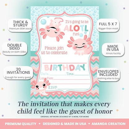 Amanda Creation Axolotl Birthday Invitations for Girls, 20 Pack 5x7 Fill-In Axolotl Party Invitations with White Envelopes, Cute Animal Party Cards, Made in USA - color: Axolotl Birthday Party