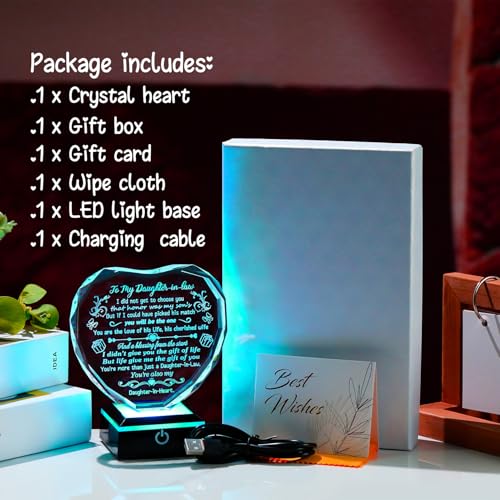 Arikyrist Daughter in Law Gifts Crystal Heart Keepsake with LED Light Base | Unique Daughter in Law Gifts from Mother in Law, on Birthday Anniversary Christmas Mothers Day Valentines Day, Home Decor - color: Daughter-in-Law