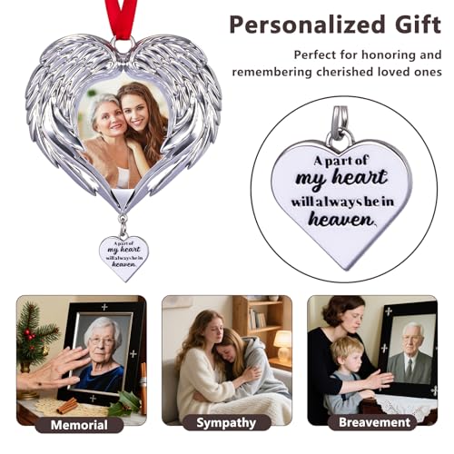 Memorial Christmas Angel Wings Photo Ornaments 2025 Sympathy Gifts for Loss of Loved One - Personalized Angel Wings Picture Frame Ornament for Christmas in Heaven Tree Decor