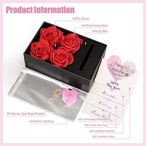 Money Box for Cash Gift Pull, Money Gift Boxes for Cash on Birthday, Christmas, Graduation, Mother's Day, for Husband, Wife, Girlfriend, Mother With Soap Rose Flower and Greeting Cards (Black+Red) - color: Black+Red